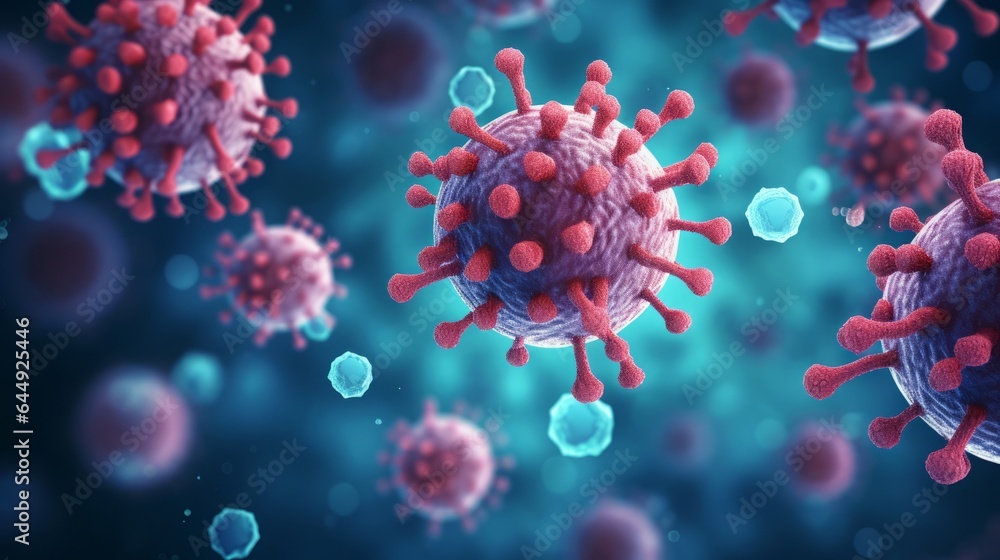 covid-19 illustration, microscopic view of floating influenza virus cell, 16:9, copy space covid-19 illustration, microscopic view of floating influenza virus cell, 16:9, copy space