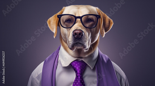 Portrait of a dog wearing a shirt, tie and glasses. Pet dressed in business attire