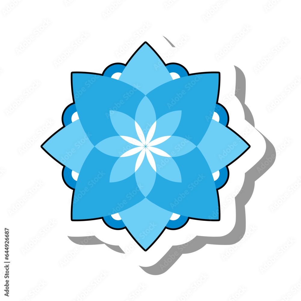Blue flower mandala symbol flat paper sticker icon. Mystical religious sign in shape of blooming water lotus isolated on white background. Objects of cult worship, culture, tradition concept Blue flower mandala symbol flat paper sticker icon. Mystical religious sign in shape of blooming water lotus isolated on white background. Objects of cult worship, culture, tradition concept