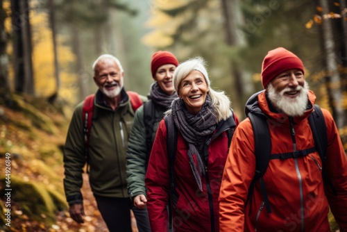 Group of senior people hiking through the forest, friends, activity