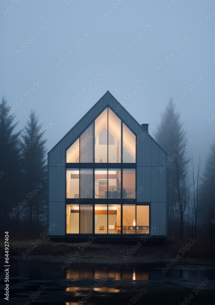 Exterior of Modern Alaskan Mansion, very simple forms, minimalistic, Scandinavian house