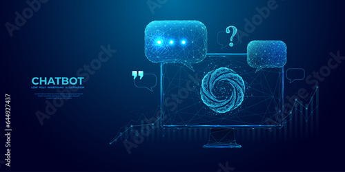 Chatbot abstract logo on a computer monitor screen and speech bubbles, question marks, and quote icons. Digital chatting artificial intelligence concept on technology blue background. Low poly vector