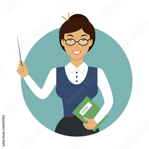 Female teacher vector. Woman with school book and pointer explaining lesson. Multicolored flat vector icon representing women activities and professions concept isolated on white background