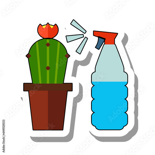 Blooming Mexican cactus in pot flat paper sticker. Watering growing indoor plant from a spray bottle, flower in ceramic pot vector illustration isolated on white background. Nature, decor concept
