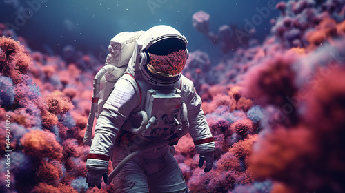 Illustration of an astronaut in a space suit standing in a field of flowers