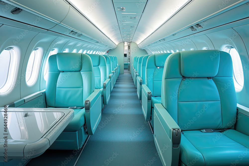 interior de avión vacío con pasillo y asientos de color verde esperando embarque - obrazy, fototapety, plakaty 