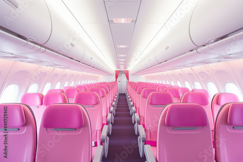 interior cabina de avión vacío con pasillo y asientos de color rosa
