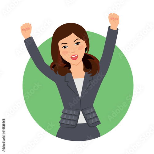 Girl in classic suit joyfully raising hands up. Passing job interview. Multicolored flat vector icon representing women activities and professions concept isolated on white background