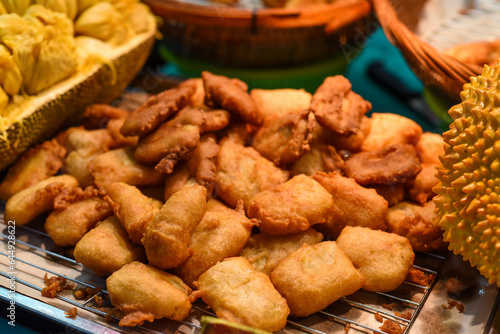 Canvas Print Fried durian in the street food Jalan Alor in Kuala Lumpur