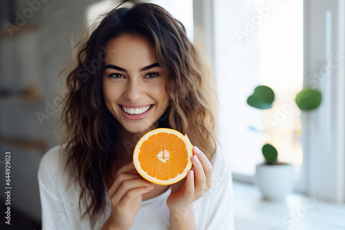 Close up portrait of smiling sporty woman with fresh orange in hand Healthy food concept