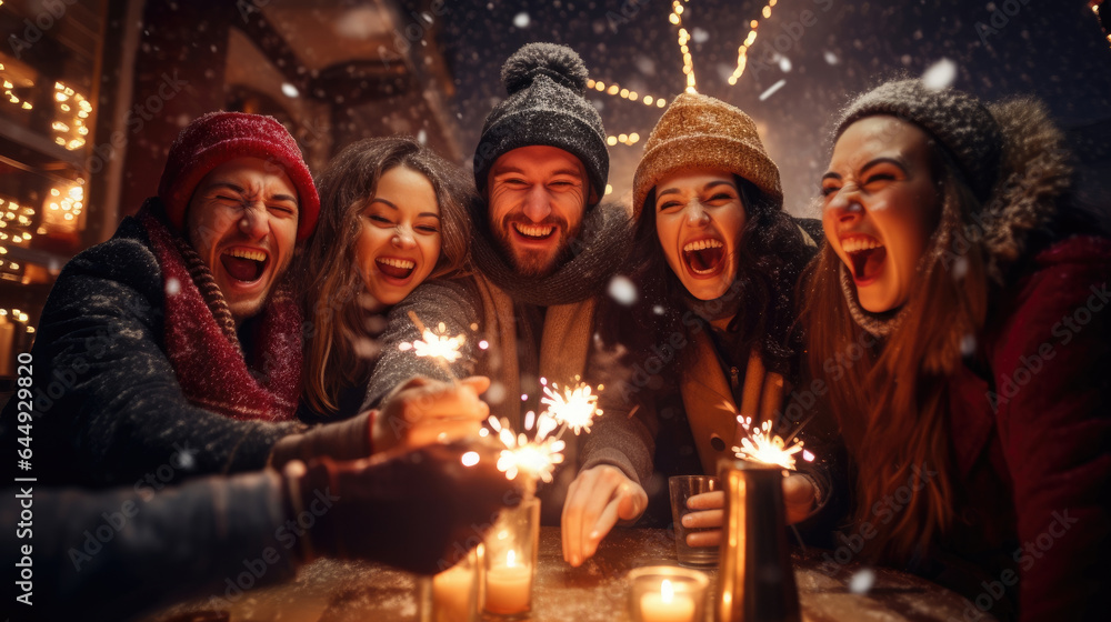 Happy friends with sparklers celebrate Christmas - obrazy, fototapety, plakaty 