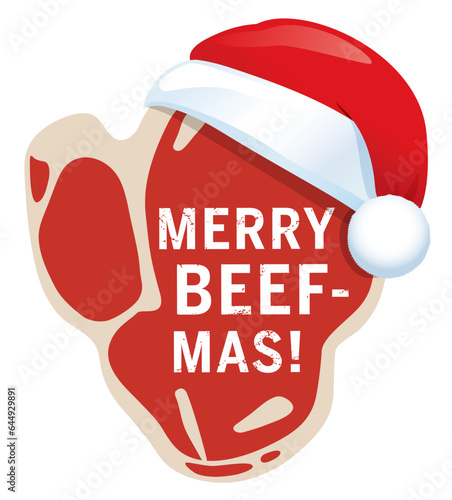 Button Merry Beefmas in Steakform mit Weihnachtsmütze zerkratzt
