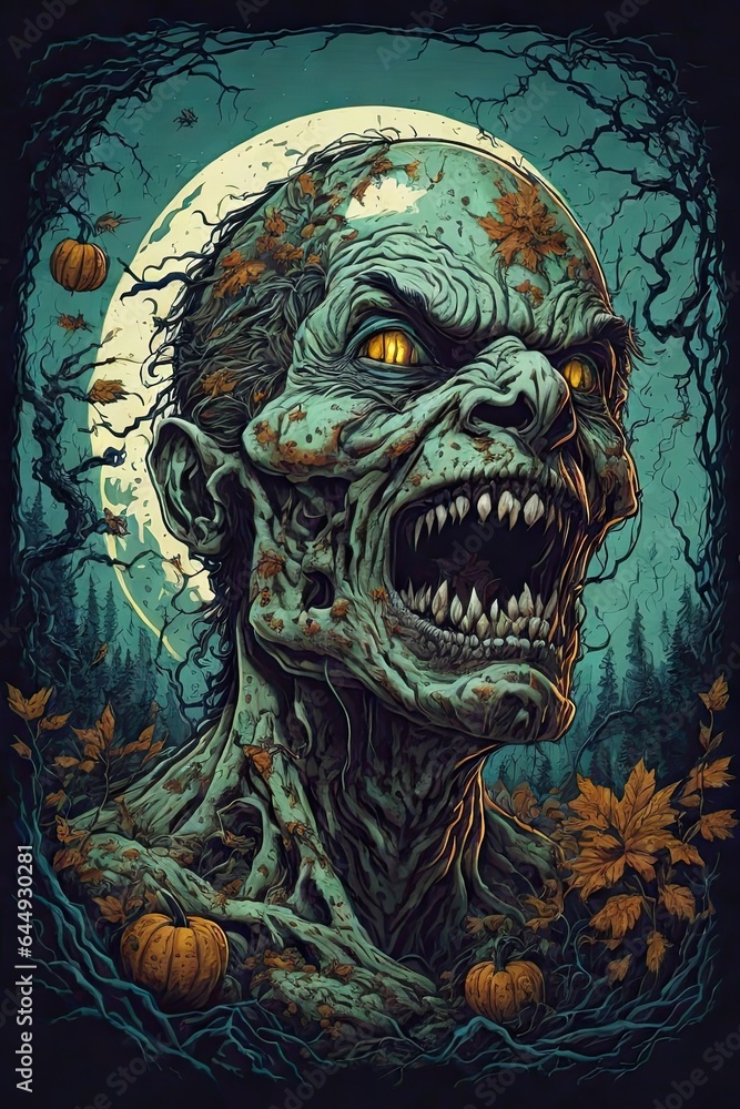 Halloween poster with a scary zombie head in the forest against the background of the full moon. Retro style. Festive vintage picture for party decoration, banners, affiche invitations or advertising. Halloween poster with a scary zombie head in the forest against the background of the full moon. Retro style. Festive vintage picture for party decoration, banners, affiche invitations or advertising.