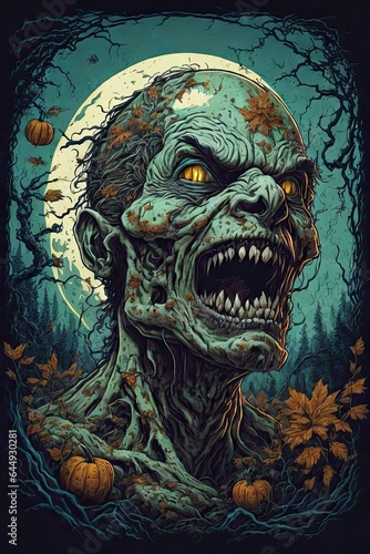 Halloween poster with a scary zombie head in the forest against the background of the full moon. Retro style. Festive vintage picture for party decoration  banners  affiche invitations or advertising.