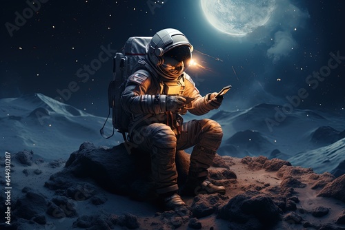 An astronaut sits on the moon and sends messages to friends and family via smartphone.