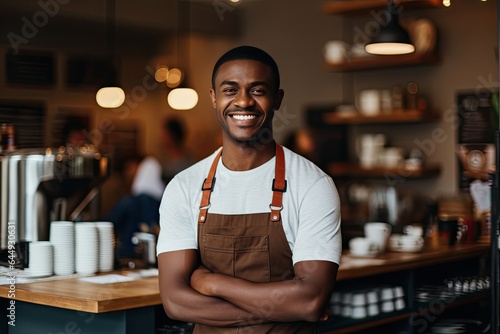Smiling African American male barista, standing at counter in coffee shop and looking at camera.