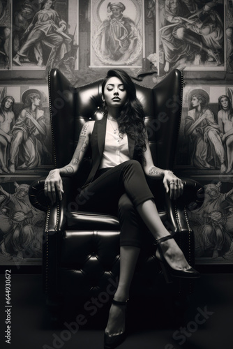 Inked Essence: Black & White Portrait of a Woman Gracefully Seated a black leather chair.