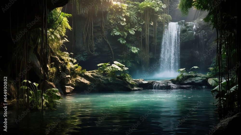 Beautiful waterfall surrounded by lush foliage in a forest