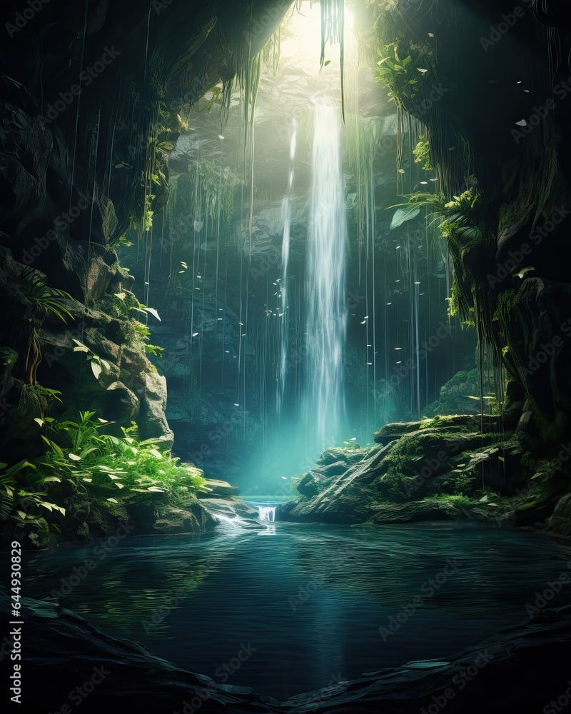 Beautiful tall waterfall hidden in a cave
