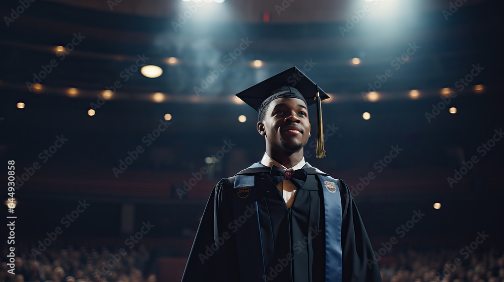 Obraz premium Black male student walking to receive his diploma at college graduation