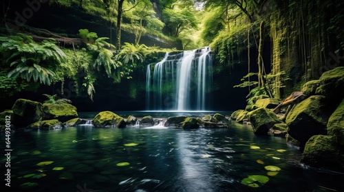 Beautiful waterfall surrounded by lush foliage in a forest © Georgina Burrows