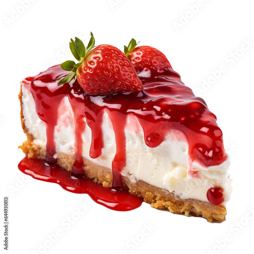 Perfect angled slice of fridge strawberry cheesecake with strawberry topping.