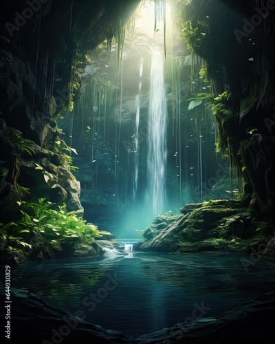 Beautiful tall waterfall hidden in a cave © Georgina Burrows