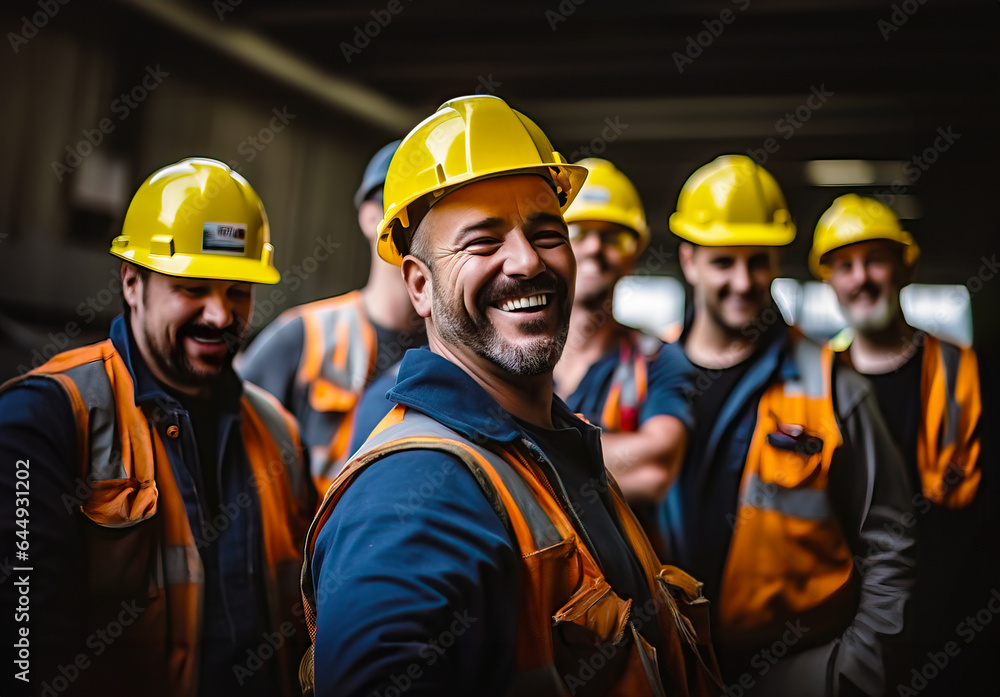 A group of smiling construction workers wearing uniforms, in the city