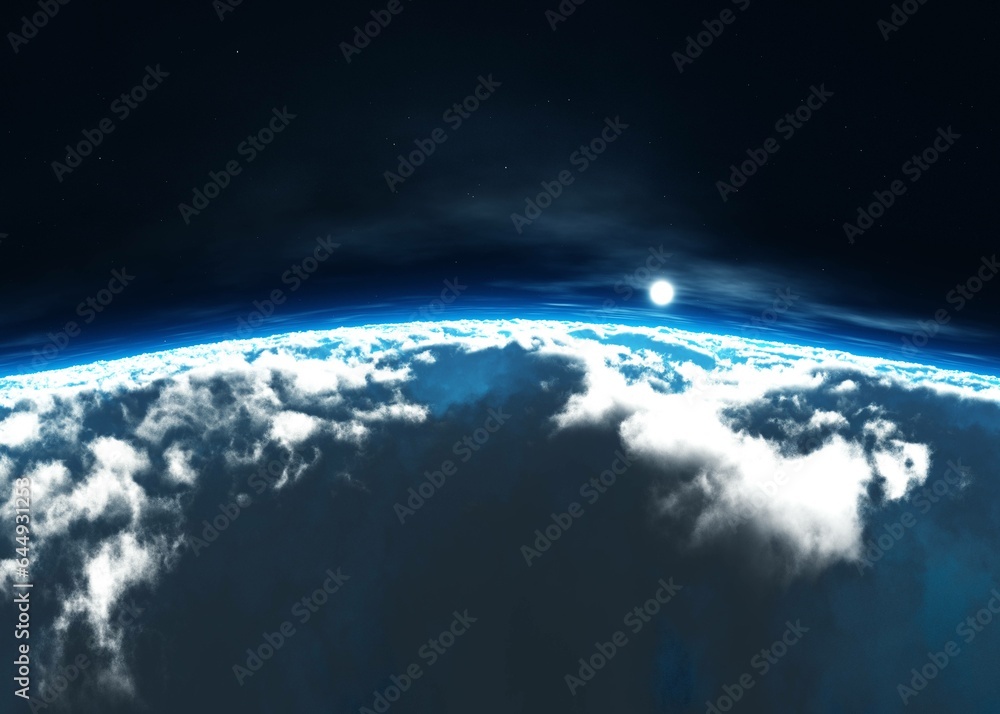 Fototapeta premium Earth at sunrise from low orbit, Clouds view from orbit, 3D rendering