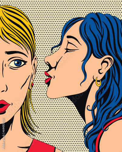 Gossip girl whispering in ear secrets. Comic book panel in pop art style. Rumor or word-of-mouth concept. Emotional pretty woman trying to tell or announcing secret message. Color vector illustration