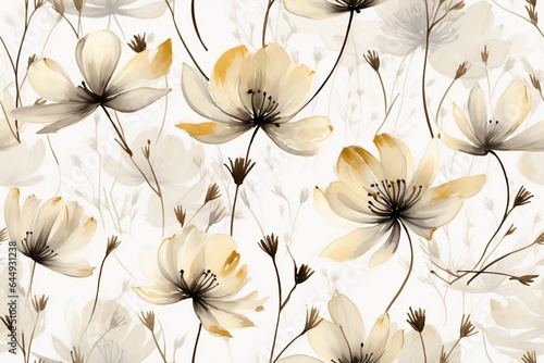 Seamless minimalistic watercolor pattern  wildflowers and herbs. AI generated