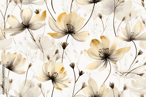 Seamless minimalistic watercolor pattern: wildflowers and herbs. AI generated