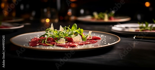 Beef carpaccio with arugula and parmesan cheese. Generative AI. © André