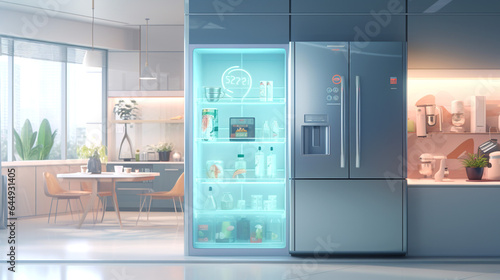 Smart refrigerator displaying list of groceries and their expiration dates on its built-in screen. Future home, digital devices are seamlessly integrated with physical object. Banner.