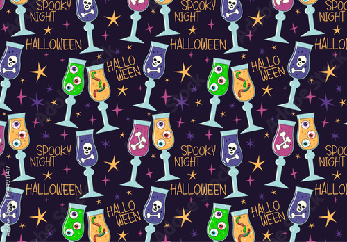 Seamless pattern with colorful Halloween party cocktails