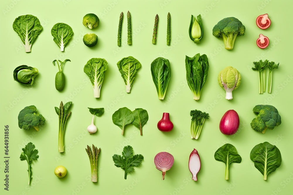 Fresh fruits and green vegetables arranged in a square on light green background Fresh fruits and green vegetables arranged in a square on light green background