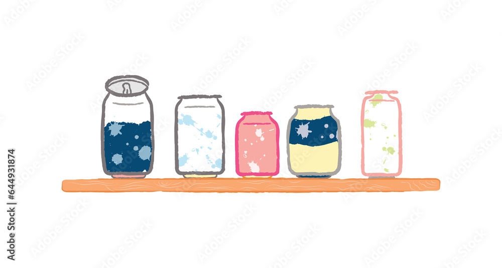 Fototapeta premium Collection of beverage cans on a wooden shelf