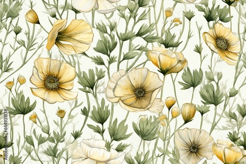 Seamless minimalistic watercolor pattern: wildflowers and herbs. AI generated