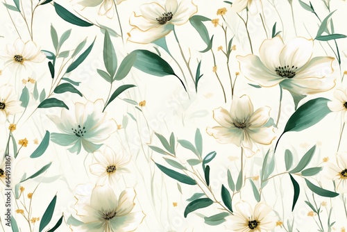 Seamless minimalistic watercolor pattern: wildflowers and herbs. AI generated © Dasha Yurk