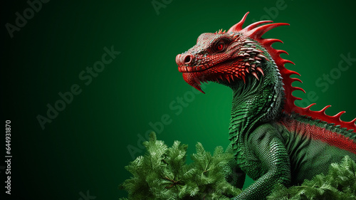 Scary oriental green dragon with sharp spikes  portrait