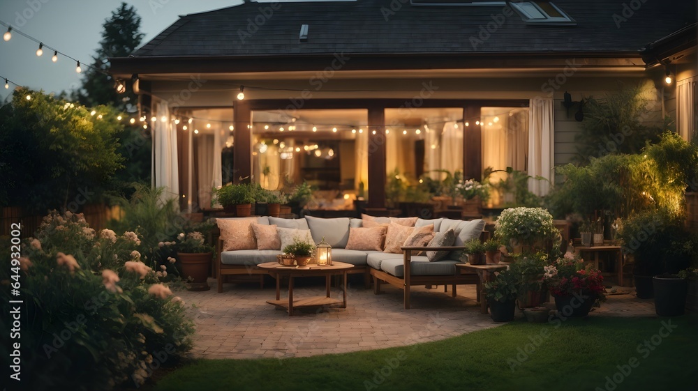 View over cozy outdoor terrace with outdoor string