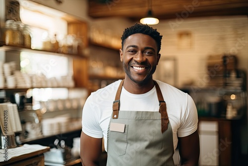 Male African American barista, standing at counter in coffee shop and looking at camera.