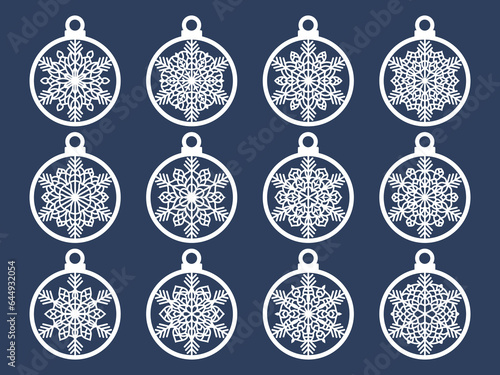 Set of laser cut Christmas balls with snowflake cutout of paper Sample Template for Christmas card  invitation for Christmas party For laser or plotter cutting printing serigraphy 