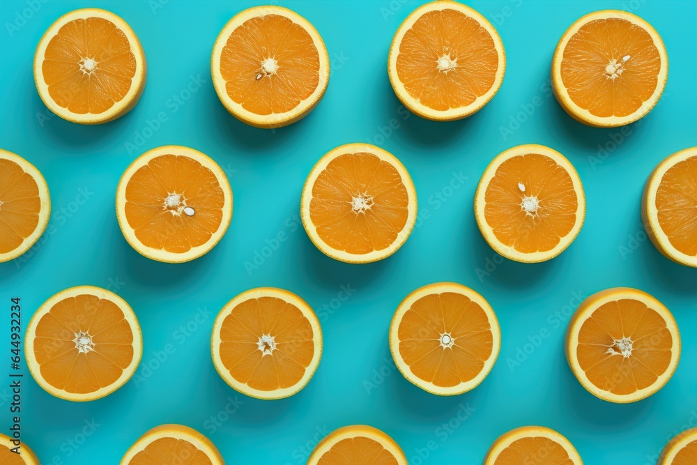 Fresh oranges arranged in a square on cyan background Fresh oranges arranged in a square on cyan background