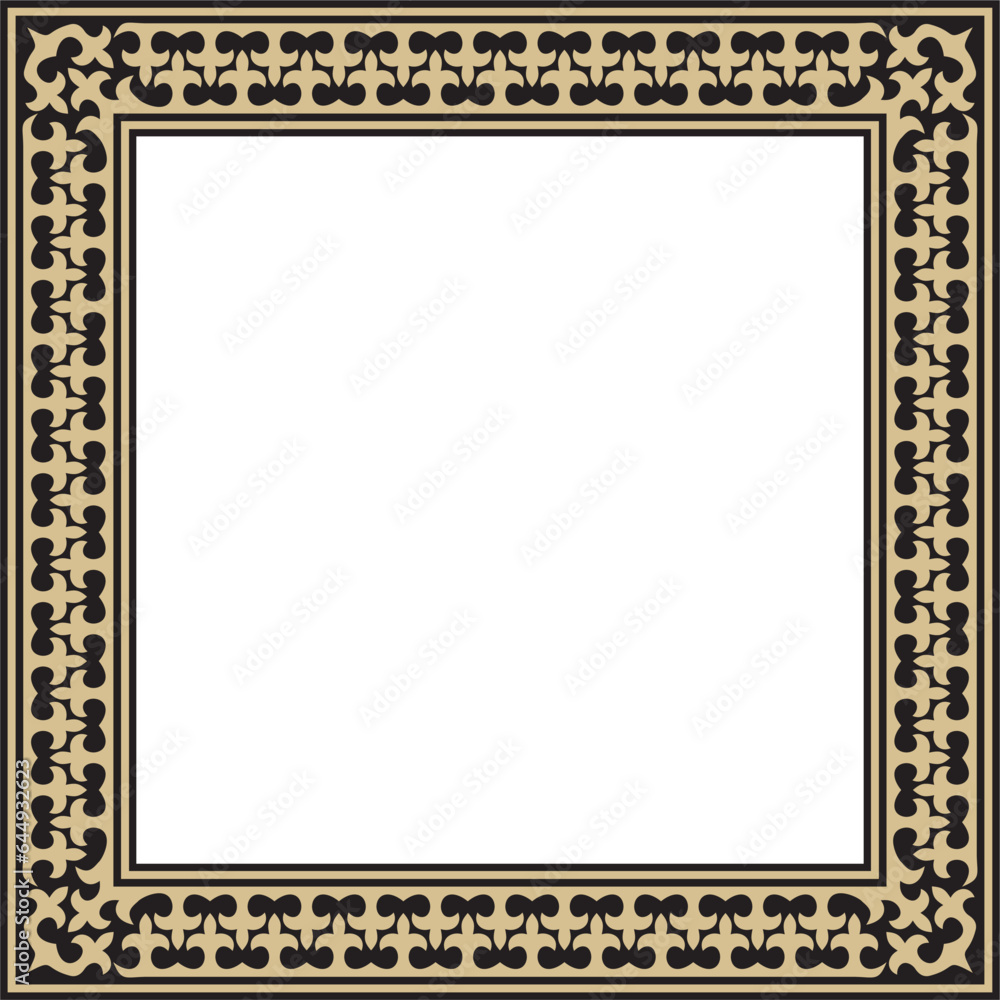 Vector golden with black Square Kazakh national ornament. Ethnic pattern of the peoples of the Great Steppe, .Mongols, Kyrgyz, Kalmyks, Buryats. Square frame border.