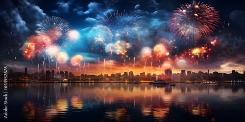 Fireworks over the city at night