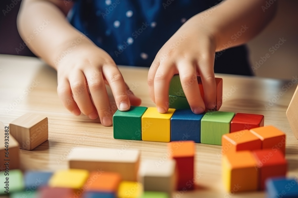 Close up of childs hands playing with colorful plastic cubes Close up of childs hands playing with colorful plastic cubes