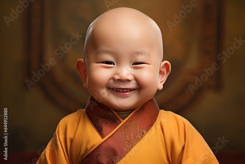 Chinese bald monk one or two year old wearing kimono. Baby or kid