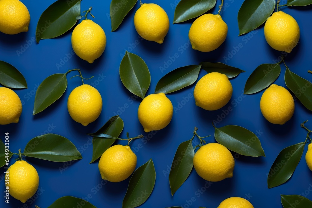 Composition from yellow lemons arranged in a square on dark blue background