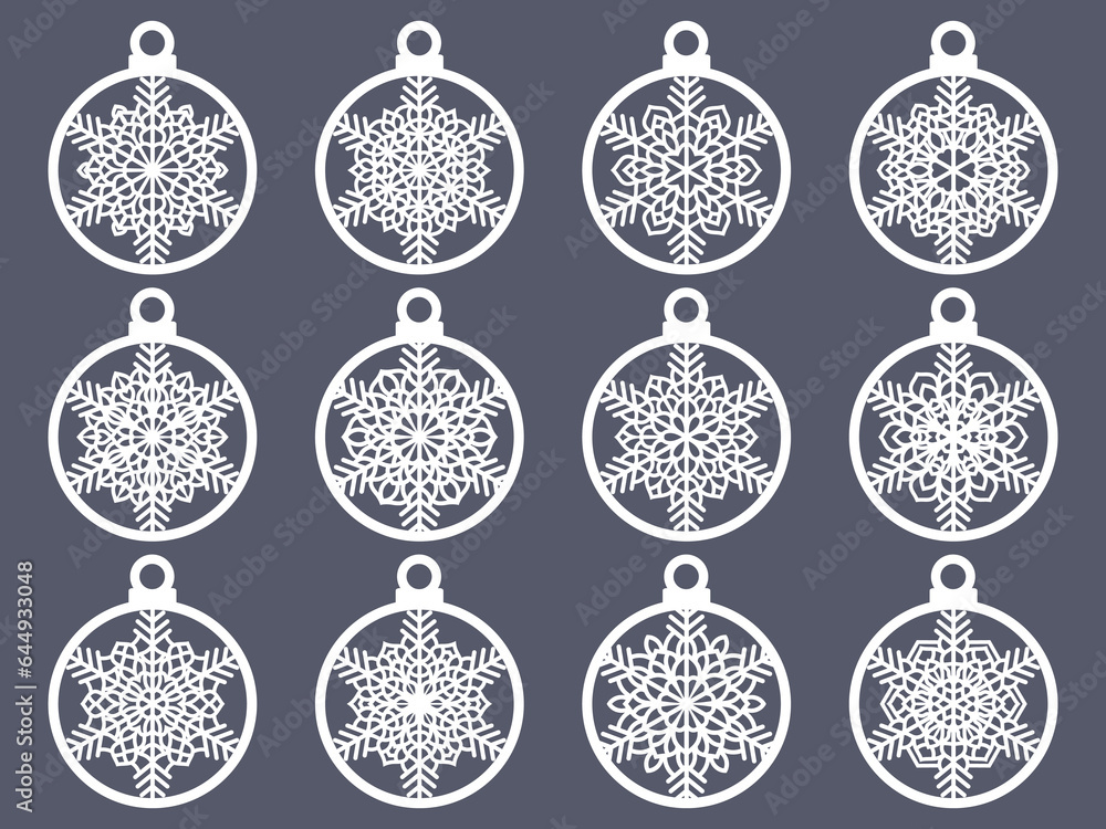 Set of laser cut Christmas balls with snowflake cutout of paper Sample Template for Christmas card, invitation for Christmas party For laser or plotter cutting printing serigraphy Set of laser cut Christmas balls with snowflake cutout of paper Sample Template for Christmas card, invitation for Christmas party For laser or plotter cutting printing serigraphy